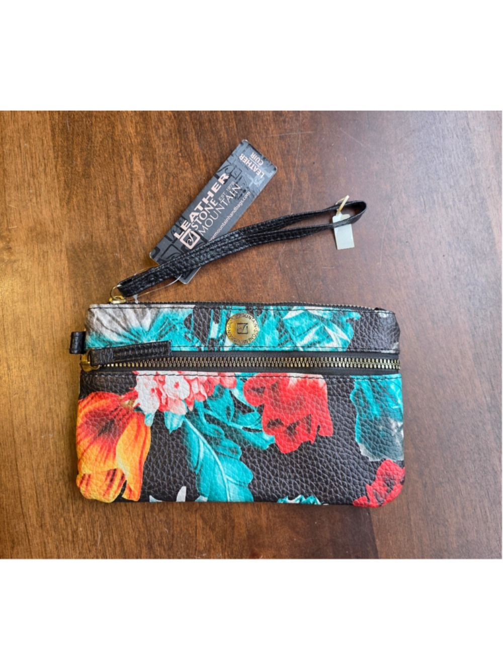 Stone Mountain Leather Floral Dual-Zip Cosmetic Pouch Wallet Wristlet NWT